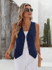 EMERY ROSE Solid Button Front Vest Blazer Corduroy In Fall/Winter - Navy Blue - View 4