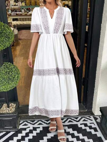 SHEIN Clasi 女士休闲短袖连衣裙，缺口领口，前部部分纽扣，蝴蝶袖，拼布设计，适合度假和休闲，春夏季