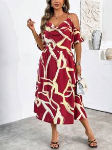 SHEIN Clasi Plus Size Women's Elegant Open Shoulder Vacation Dress - Red - View 4