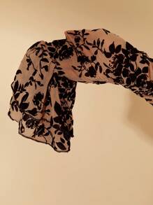 SHEIN BAE Plus Size Women's Romantic & Flocked & Mesh Long Sleeve Off Shoulder Ruffled Mini Bodycon Dress, Suitable For Halloween Party - Khaki - View 5