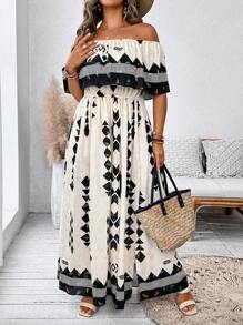 SHEIN Clasi Women Plus Size Off Shoulder Ruffle Waist Flare Hem Dress - Apricot - View 3