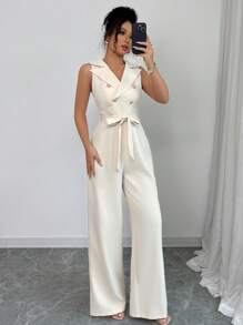 Elenzga New Elegant Casual Women Sleeveless Jumpsuit With Lapel, Double-Breasted, Cinched Waist Waistline, Slim Fit, Spring/Summer - Apricot - View 6