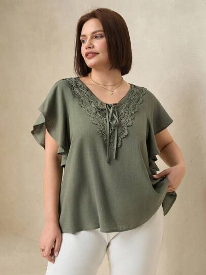 SHEIN Clasi 加大码优雅纯色蕾丝领亚麻衬衫，女士加大夏季，夏季上衣女式衬衫，女士休闲上衣，女士夏季服装，商务休闲女装，女士外出上衣，女士办公室服装，女士春季服装，节日，老钱，女士短袖上衣，优雅女士服装，女士端庄服装，女士休闲上衣，春假，圣帕特里克节衬衫，适合日常优雅穿着