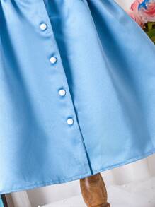 年轻女孩开斋节泡泡袖套装风格收腰蓝色缎面派对礼服，适合聚会、节日、服装 - 藍色 - 查看 3