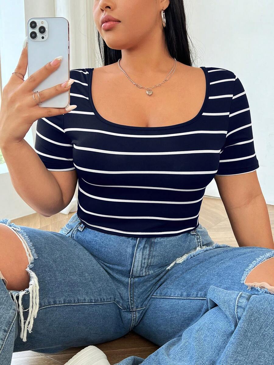 SHEIN EZwear Plus Size Casual Striped Short Sleeve T-Shirt, Summer - Blue - View 1