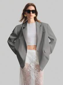 Ontre Women White Wide Strap Oversized Long Sleeve Single-Button Blazer Jacket, Casual Loose Fit, Elegant Style For Daily, Party, Date, Valentine's Day, Spring