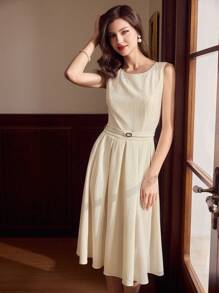 Vintamour Vintage Elegant Resort Women's Belted A-Line Tank Dress, Tight Waist, White, Spring/Summer Summer Outfits For Women Wedding Guest Dress Women Business Casual Woman Dresses For Women Elegant Birthday Dresses For Women Sun Dresses For Women Graduation Dress Office Outfits For Women Church Clothes Women Work Clothes Women Old Money Style Women Teacher Outfits For Women