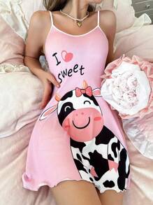 女士可爱奶牛与心形印花睡裙娃娃装节日季 - 彩色 - 查看 4