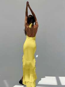 Aloruh Halter Neck Backless Yellow Sleeveless Dress With Ruffles, Elegant Romantic Floral Decor Design For Ball, Concert, Spring/Summer - Yellow - View 2