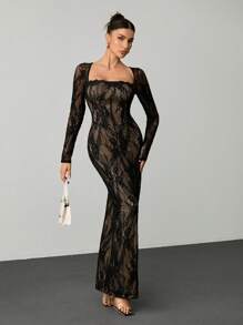 SHEIN Tall 女士新款夏季派对约会晚会性感S型蕾丝长袖抹胸鱼骨方领紧身裹臀黑色长裙 - 黑色 - 查看 7