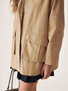 SHEIN Unity Women's Plain Long Sleeve Zippered Front Pocket Casual Jacket For Autumn - Khaki - View 5