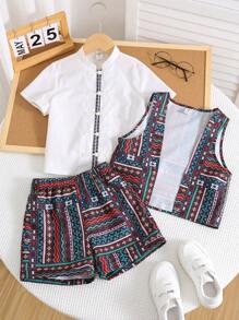 3 Stück/Set Retro Patchwork Geometrischer Muster Outfit für Kleine Jungen - Kurzarm Hemd, Weste und Shorts Set, geeignet für Kostüme von Jungen/Mädchen, Schulanfang, Geburtstag, Veranstaltung, Aufführung, Hochzeit, Frühlings-/Sommermode - Schwarz - Übersicht 5