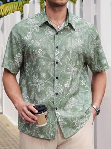 Manfinity RSRT 男士前开襟短袖印花休闲度假衬衫，送给丈夫和男友的夏季热带风情礼物 - 綠色 - 查看 1