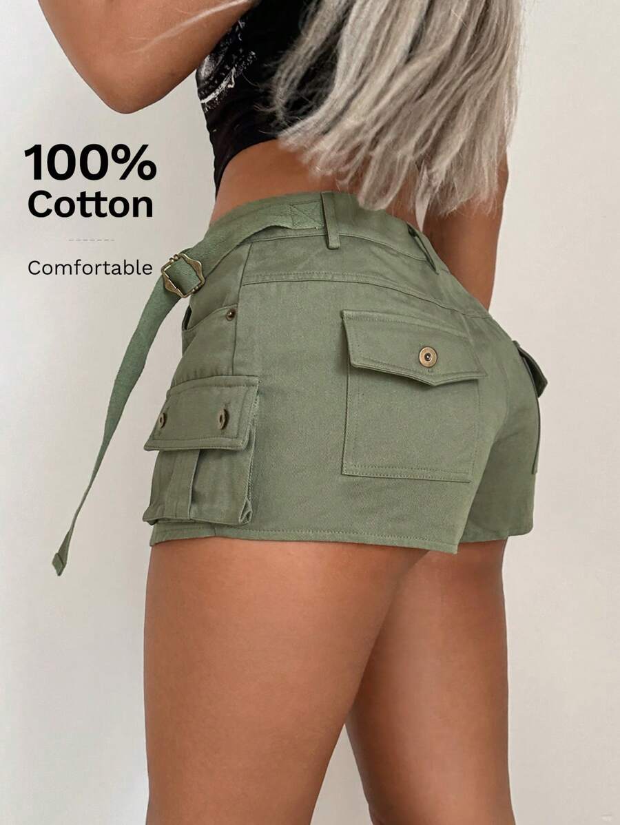 SHEIN ICON Shorts con bolsillo lateral con solapa cargo - Verde militar - Ver 1