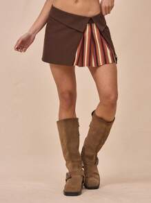 MUSERA Fold Over Waistband Layered Striped Pleated Miniskirt Only For Springs Summer