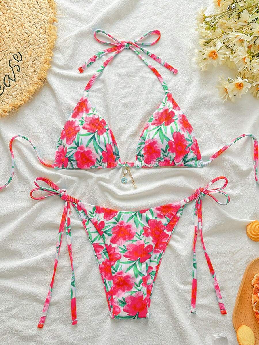 SHEIN Swim 2 Pieces Swimwear, Random Floral Print Halter Top And Tie Side Bottom Beach Holiday Bikini Set For Summer Beach Vacation
