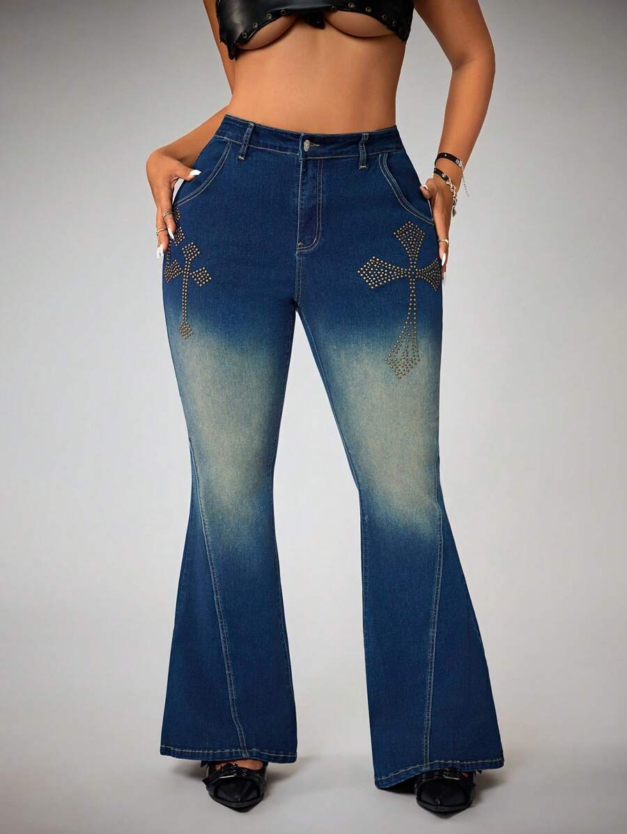 SHEIN ICON Jeans acampanados Y2K de talle alto con estampado de cruz, efecto desgastado y elásticos, tallas grandes - Azul lavado oscuro - Ver 1