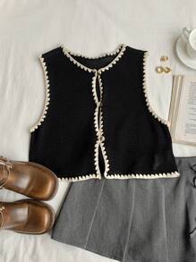 Comfortcana Western Boohoo  Summer Women Contrast Color Trim Front Button Sleeveless Knit Top - Black - View 3