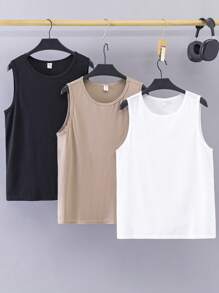 SHEIN 3 stuks/set casual tanktops voor tienerjongens, zwart, koffie, wit, koop er 2 en krijg er 1 gratis, veelzijdig voor dagelijks gebruik, sport, homewear, lente en zomer