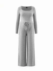 SHEIN 2pcs Grey Rib Bodysuit & Pants Set, ComfyWorkout Set, Tracksuit, Casual Style, Long Sleeve Bodysuit And Wide Leg Pants, Autumn Winter Basic Essential, Baggy Pants, Long Sleeve, Winter Clothes - Grey - View 4