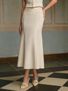 ZEYLAH 女士优雅缎面拼布美人鱼裙 - 杏色 - 查看 5