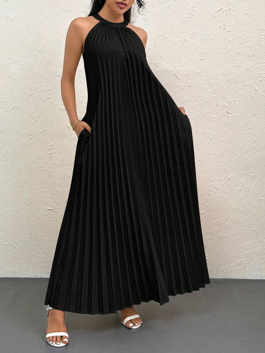 SHEIN Privé Apricot Elegant Vacation/Commute/Party Tie Neck Sleeveless Pleated Hem Maxi Dress