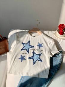 SHEIN Comfortcana Áo thun nữ cổ tròn tay ngắn họa tiết ngôi sao năm cánh tối giản, giản dị, thích hợp mặc vào mùa hè - trắng - Xem 4