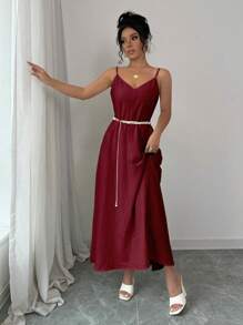 Rafferiza Adjustable Strap Loose White Long Cami Dress For Women Maxi Women Outfit - Burgundy - View 4
