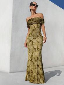 Aveloria Modichic 2025 Gray-Green Floral Jacquard Flocked Texture Sexy Elegant Sophisticated Off Shoulder Bodycon Fishtail Hem Midi Dress - Apricot - View 3