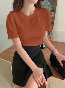 DAZY 女款純色泡泡袖短袖T恤短版上衣，女學生校園風 - 棕色 - 查看 6