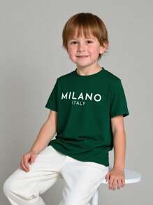 SHEIN Playful Pals Young Boy Round Neck Short Sleeve Casual Basic Olive Green T-Shirt With Milano Italy Letter Print