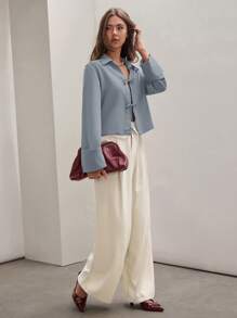 COSMINA Camisa de trabajo casual de uso diario de manga larga con nudo delantero de color caqui liso, estilo minimalista para mujer