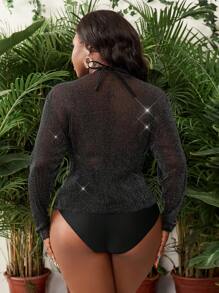 SHEIN Slayr CURVE Plus Size Women 3Pcs Set Beach Holiday Solid Color Halter Tie String Bikini With Long Sleeve Chiffon Cover Up For Vacation & Leisure Swimwear