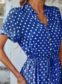 Breezaya Polka Dot Drawstring Button Front Dress Maxi Vacation Beach Outfits Women - Blue - View 3