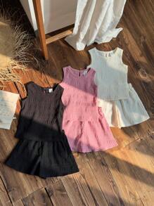 Vintaside Kids Bộ 3 món/Bộ áo không tay thường ngày cho bé gái và quần short, trang phục đi nghỉ - Nhiều màu - Xem 1