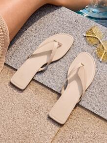 Grefit Women's Casual Solid Color Comfortable Flip-Flops Spring Shoes Spring Break Easter For Casual Beach Style - Beige - View 7