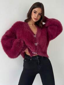 Firerie Cardigan Wanita Elegan Kasual untuk Beraktivitas di Rumah, Nyaman, dengan Hiasan Pita dan Rhinestone, Cocok untuk Musim Dingin - Burgundy - View 5
