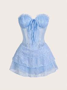 SHEIN ICON Vestido corset con busto plisado, tirantes cruzados y espalda al descubierto con encaje en capas - Celeste - Ver 1