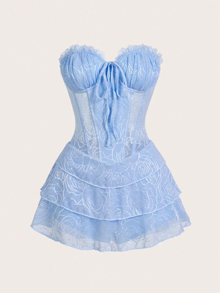 SHEIN ICON Vestido corset con busto plisado, tirantes cruzados y espalda al descubierto con encaje en capas - Celeste - Ver 1