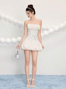 女士热带植物印花荷叶边抹胸花卉派对礼服，婚礼宾客礼服音乐节春夏，适合鸡尾酒会