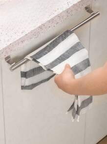 1pc Kitchen Stainless Steel Towel Rack Storage Rack Non-Porous Cabinet Door Back Rag Rack Storage - Silver - View 4