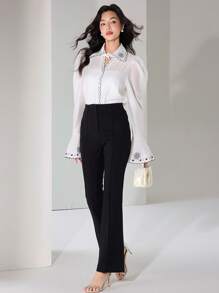 Modelyn Women's Hollowed-Out Collar, Scallop Trim, Bell Sleeve, Pearl Button, Embroidered Blouse