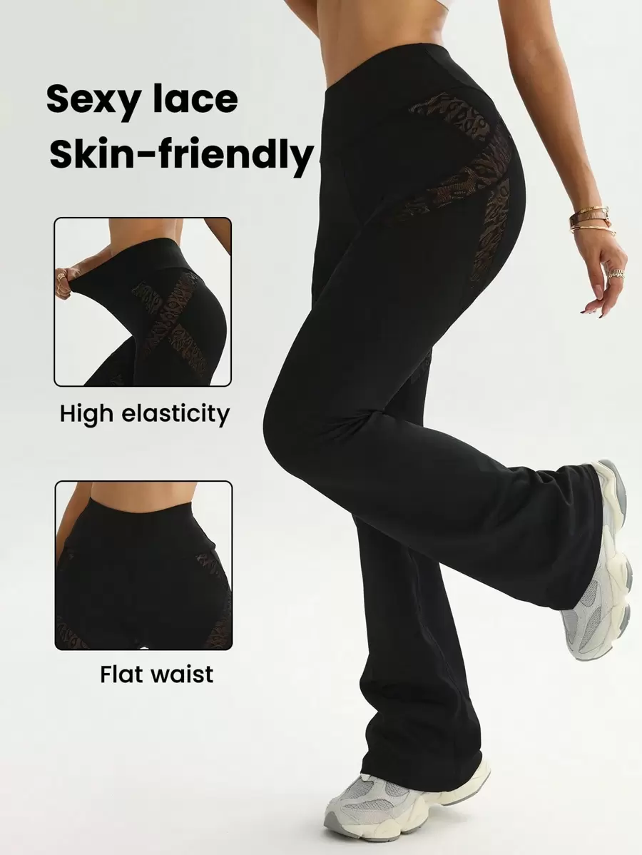 Easithlete 休闲高端复古豹纹网眼拼布紧身弹力修身运动/健身紧身裤，百搭修身优雅腰部塑身提臀，适合户外、瑜伽、日常穿着 - 黑色 - 查看 1