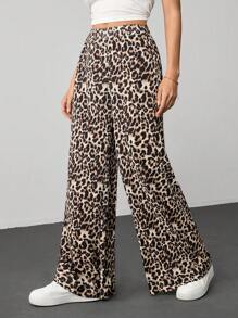 SHEIN Tall Fashionable Loose Leopard Print Wide Leg Pants - Brown - View 6