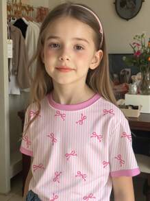 SHEIN Cute Striped Bow Print, Pink, Tween Girls Casual Minimalist Short Sleeve Crew Neck T-Shirt, Suitable For Summer