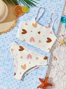 SHEIN 复古心形印花年轻女孩休闲修身吊带背心和三角裤泳装套装，适合夏季 - 彩色 - 查看 1