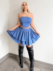 SHEIN SXY Plus Size Women Sexy Streetwear Gyanu Y2K Chic Midriff Baring Crop Top With Textured Ribbed Knit Fabric And Layered Ruffle Hem Mini Skirt Set, Suitable For Everyday Wear, Date Night, Birthday, Bachelorette Party, Elegant, Casual, Shopping, Streetwear, Going Out, , Easy To Match & Looks Slim, Accentuates Body, Flatters The Figure - Pink - View 6