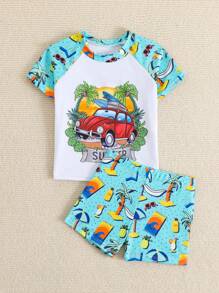 Baby Boy Summer Beach Stylish Car Graphic Print Swimsuit Set, Infant Swimwear Set With Ocean Life And Tropical Plant Prints. A Fashionable Must-Have Item For Beach Vacation, Featuring Short Sleeve Design, Blue And White Color Contrast, And Cute Car Cartoon Pattern. Vibrant And Lively, Suitable For Adorable Boys To Wear When Playing At The Beach During Holiday. - Multicolor - View 4