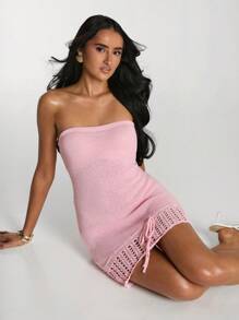 SHEIN BAE Robe en maille courte avec attache à la taille sexy pour femmes - Rose bonbon - Voir 7