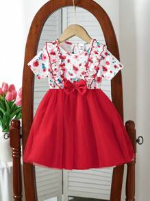 Baby Girls Floral Pattern Knitted Mesh Splicing A-Line Dress With Adjustable Waistband, Summer - Red - View 2